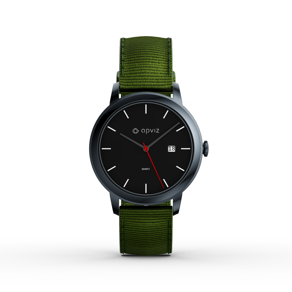 Photograph of a watch with a black dial, in black metal with a green fabric strap Photograph of a watch with a black dial, in black metal with a green fabric strap, automatically generated with the 3d configurator platform.